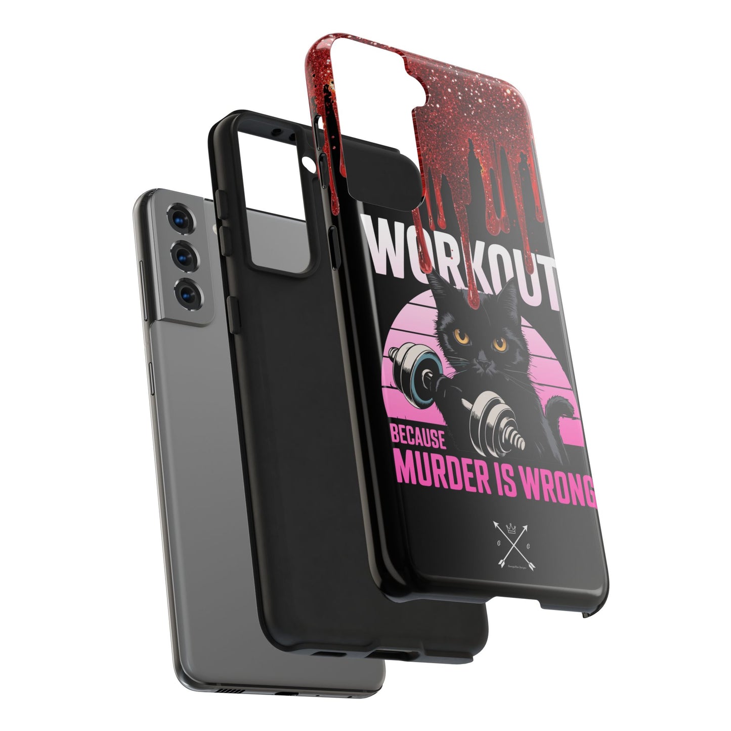Edgy Cat Tough Phone Case - 'Workout Because Murder Is Wrong'