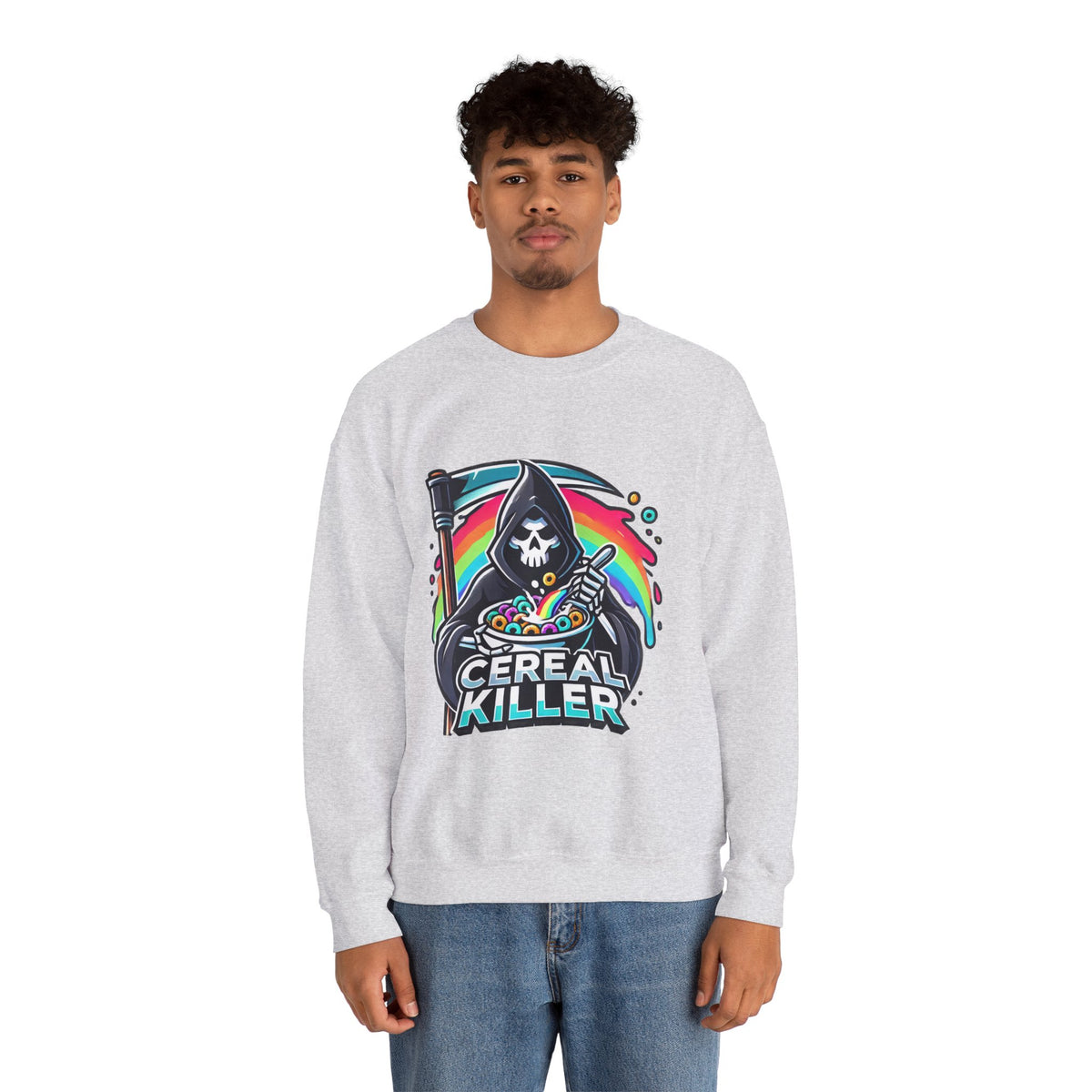 Cereal Killer Crewneck Sweatshirt — Funny Grim Reaper Cereal Graphic