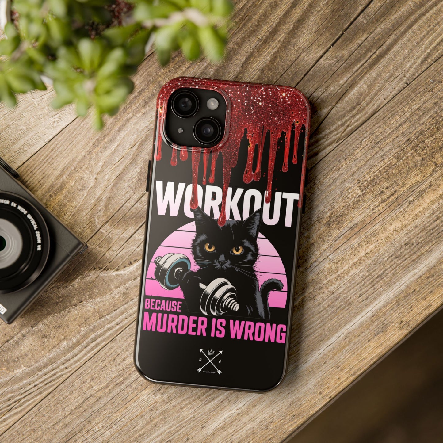 Edgy Cat Tough Phone Case - 'Workout Because Murder Is Wrong'