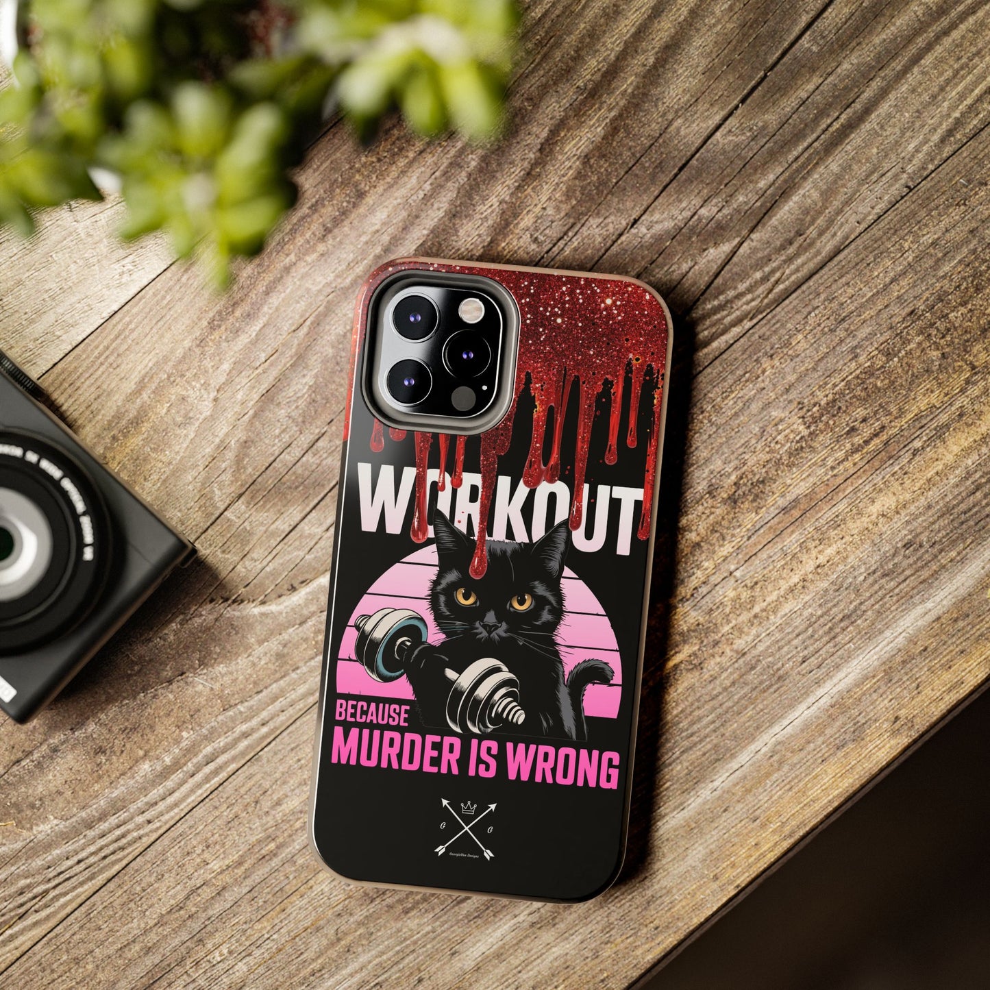 Edgy Cat Tough Phone Case - 'Workout Because Murder Is Wrong'