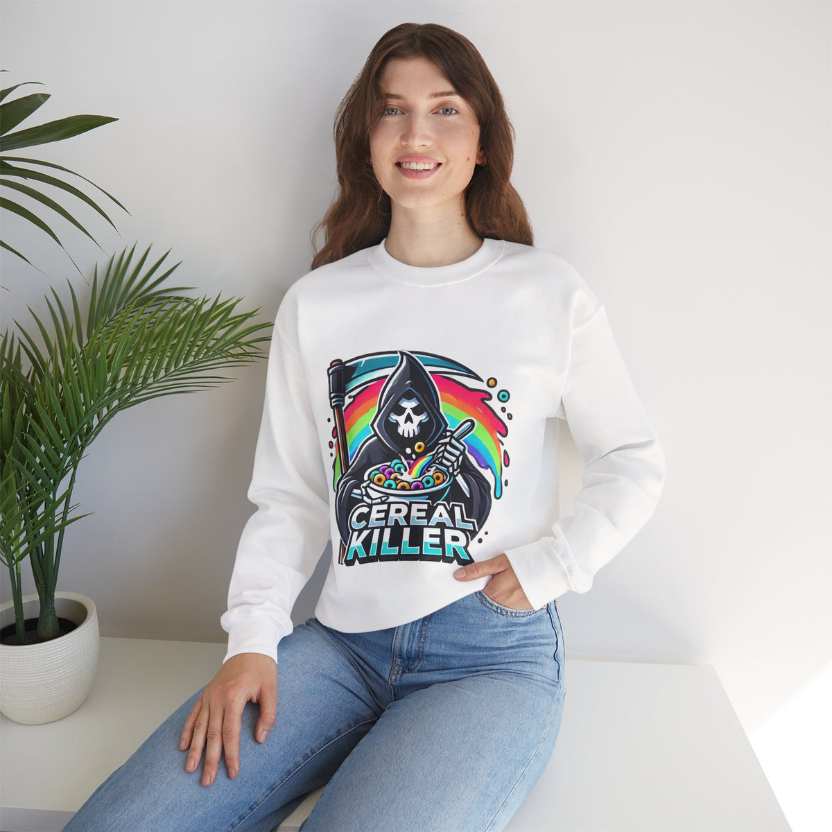 Cereal Killer Crewneck Sweatshirt — Funny Grim Reaper Cereal Graphic