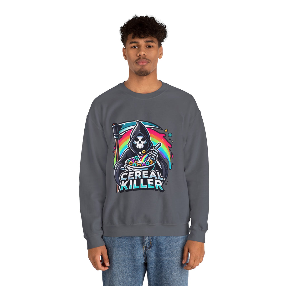 Cereal Killer Crewneck Sweatshirt — Funny Grim Reaper Cereal Graphic