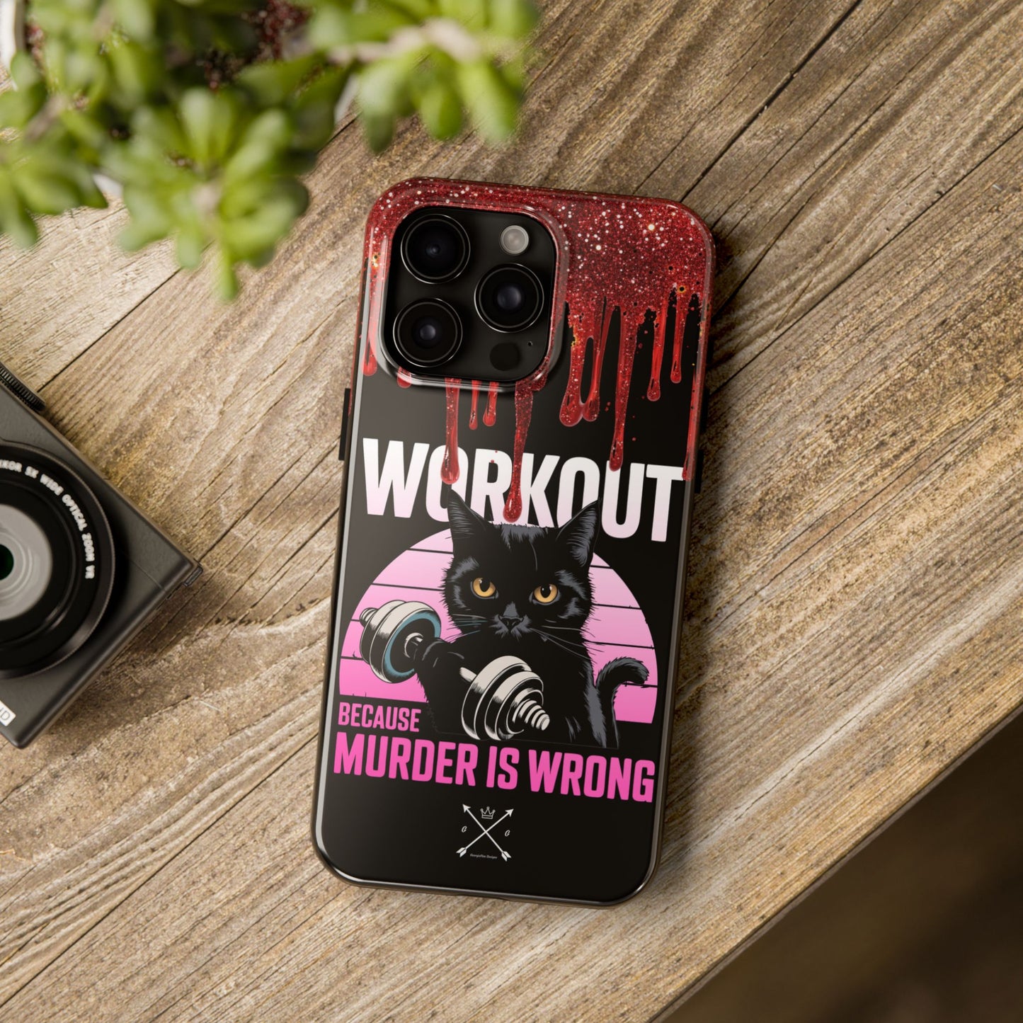 Edgy Cat Tough Phone Case - 'Workout Because Murder Is Wrong'